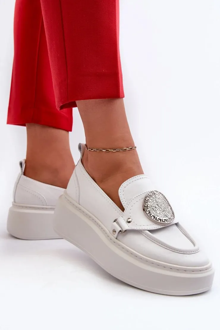 New Zazoo 3486 Mokasyny Damskie Skórzane Z Ozdobą Białe