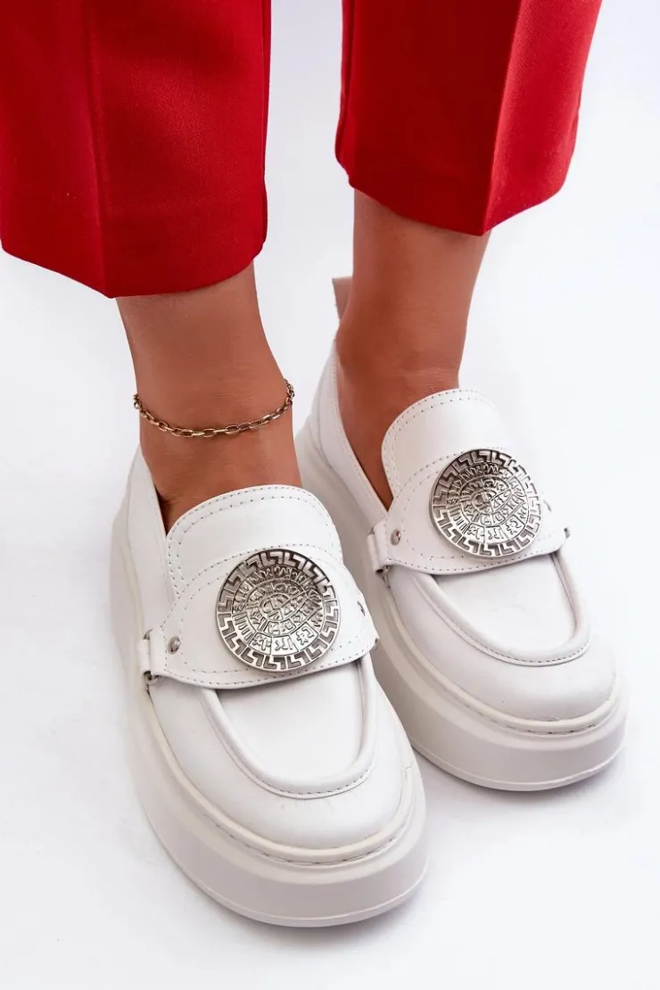 New Zazoo 3486 Mokasyny Damskie Skórzane Z Ozdobą Białe