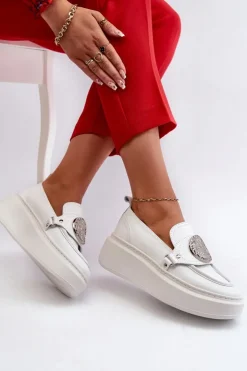 New Zazoo 3486 Mokasyny Damskie Skórzane Z Ozdobą Białe