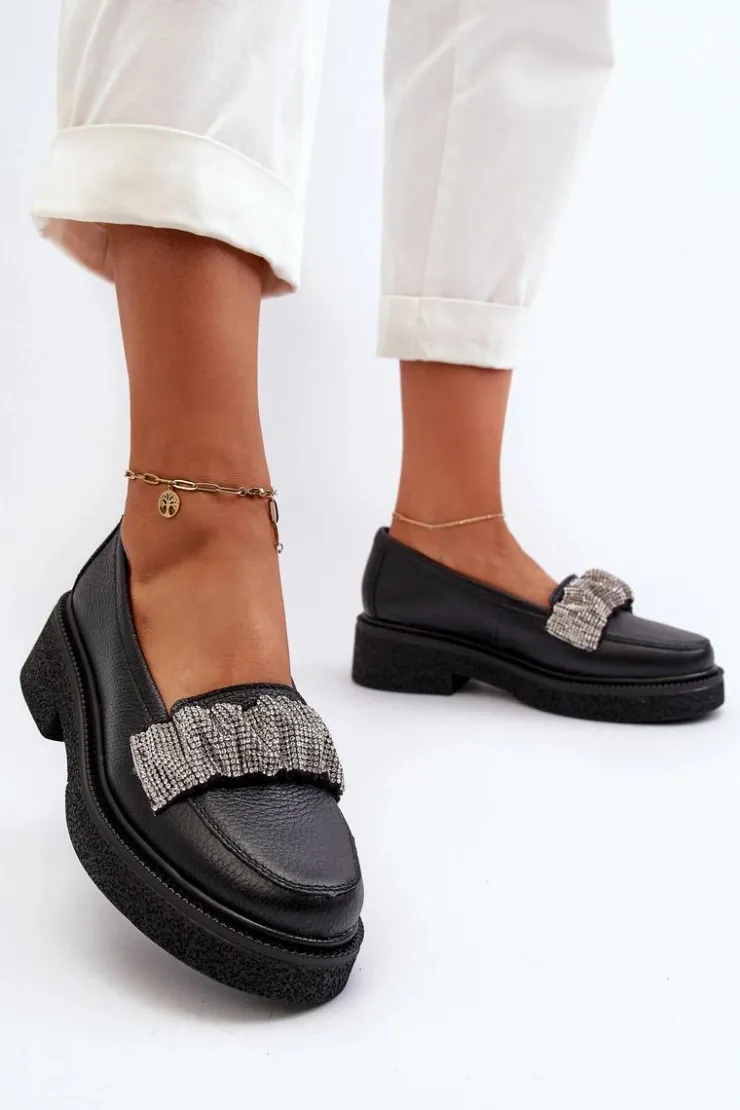 Damskie Zazoo 3419 Mokasyny Damskie Skórzane Z Ozdobnym Paseczkiem Czarne