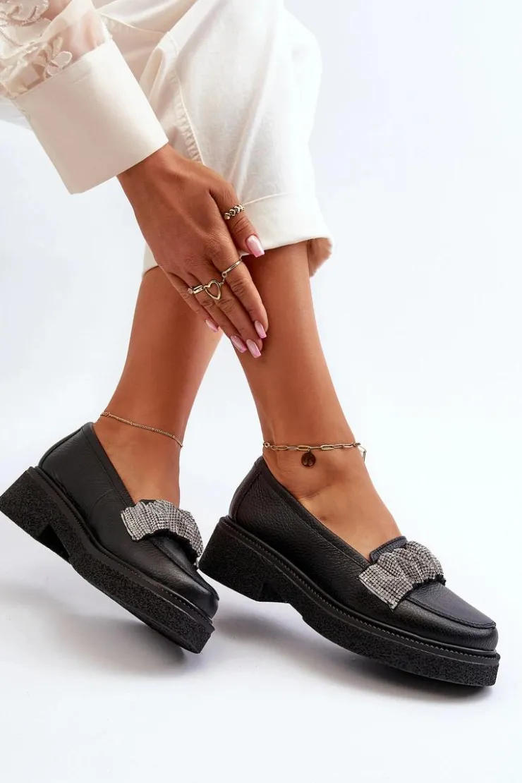 Damskie Zazoo 3419 Mokasyny Damskie Skórzane Z Ozdobnym Paseczkiem Czarne