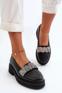 Damskie Zazoo 3419 Mokasyny Damskie Skórzane Z Ozdobnym Paseczkiem Czarne