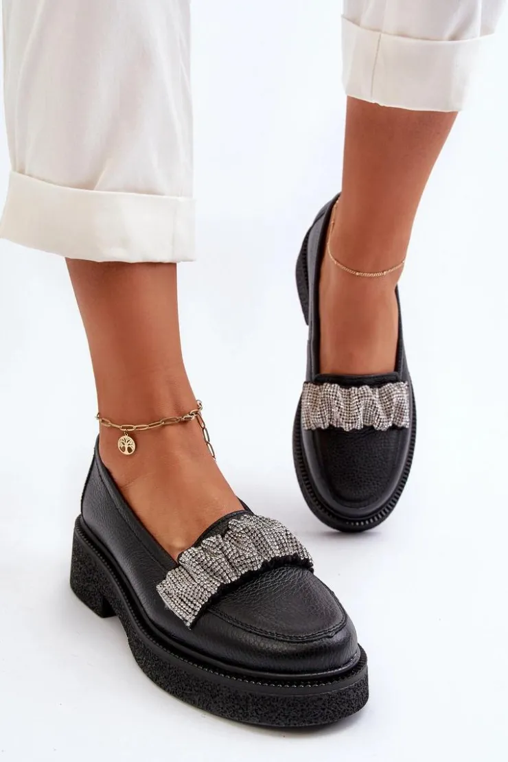 Damskie Zazoo 3419 Mokasyny Damskie Skórzane Z Ozdobnym Paseczkiem Czarne