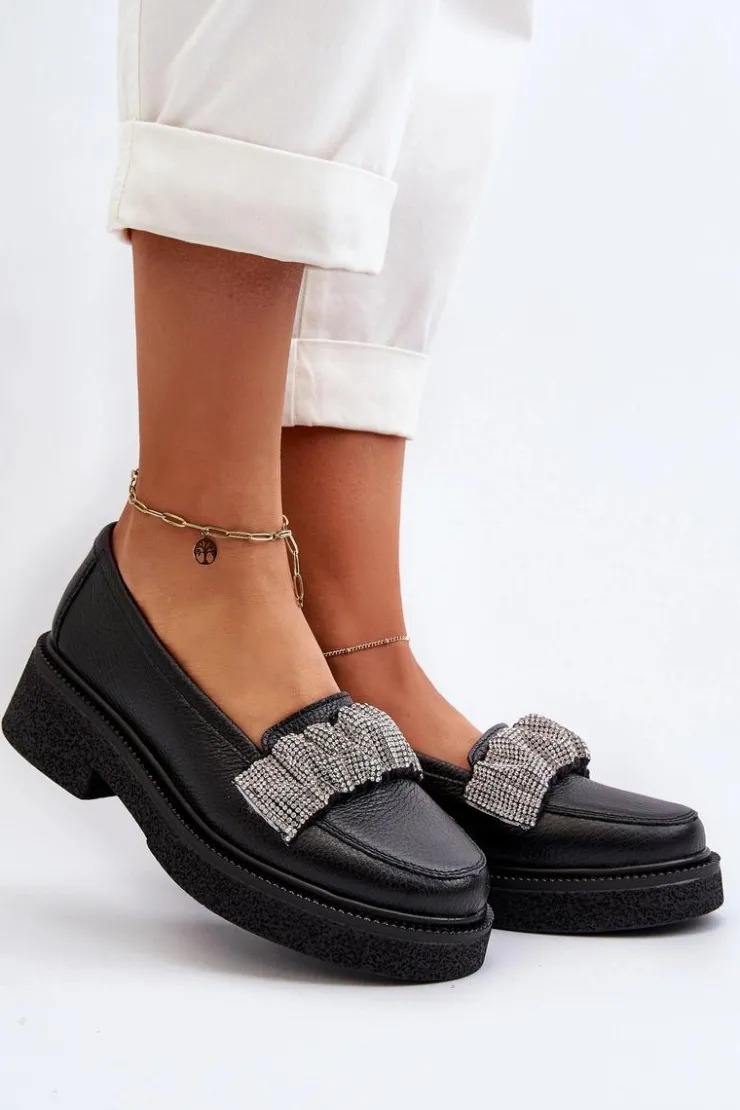 Damskie Zazoo 3419 Mokasyny Damskie Skórzane Z Ozdobnym Paseczkiem Czarne