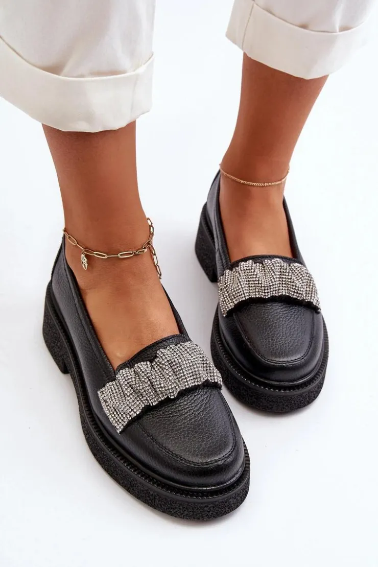 Damskie Zazoo 3419 Mokasyny Damskie Skórzane Z Ozdobnym Paseczkiem Czarne