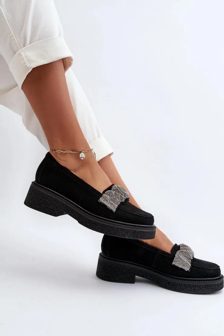 Damskie Zazoo 3419 Mokasyny Damskie Zamszowe Z Ozdobnym Paseczkiem Czarne