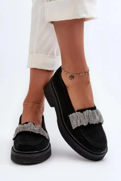 Damskie Zazoo 3419 Mokasyny Damskie Zamszowe Z Ozdobnym Paseczkiem Czarne
