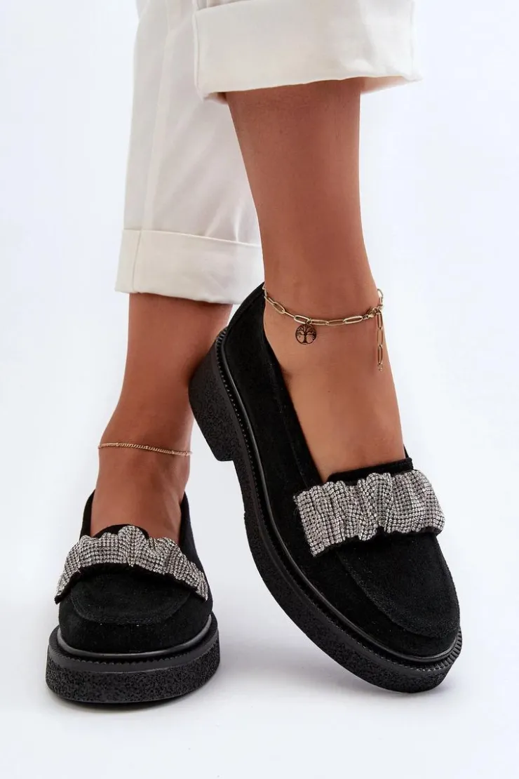 Damskie Zazoo 3419 Mokasyny Damskie Zamszowe Z Ozdobnym Paseczkiem Czarne