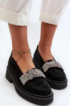 Damskie Zazoo 3419 Mokasyny Damskie Zamszowe Z Ozdobnym Paseczkiem Czarne