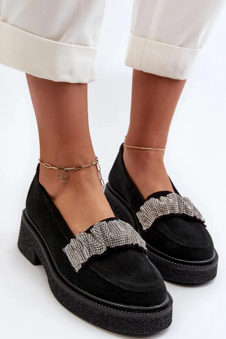 Damskie Zazoo 3419 Mokasyny Damskie Zamszowe Z Ozdobnym Paseczkiem Czarne