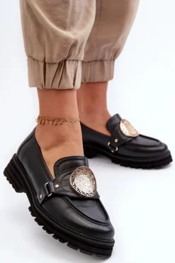 Zazoo Loafersy Damskie|Mokasyny Płaskie*3485 Mokasyny Damskie Ze Złotą Ozdobą Skóra Naturalna