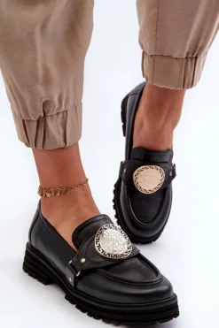 Zazoo Loafersy Damskie|Mokasyny Płaskie*3485 Mokasyny Damskie Ze Złotą Ozdobą Skóra Naturalna