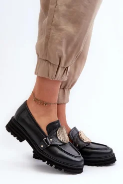 Zazoo Loafersy Damskie|Mokasyny Płaskie*3485 Mokasyny Damskie Ze Złotą Ozdobą Skóra Naturalna