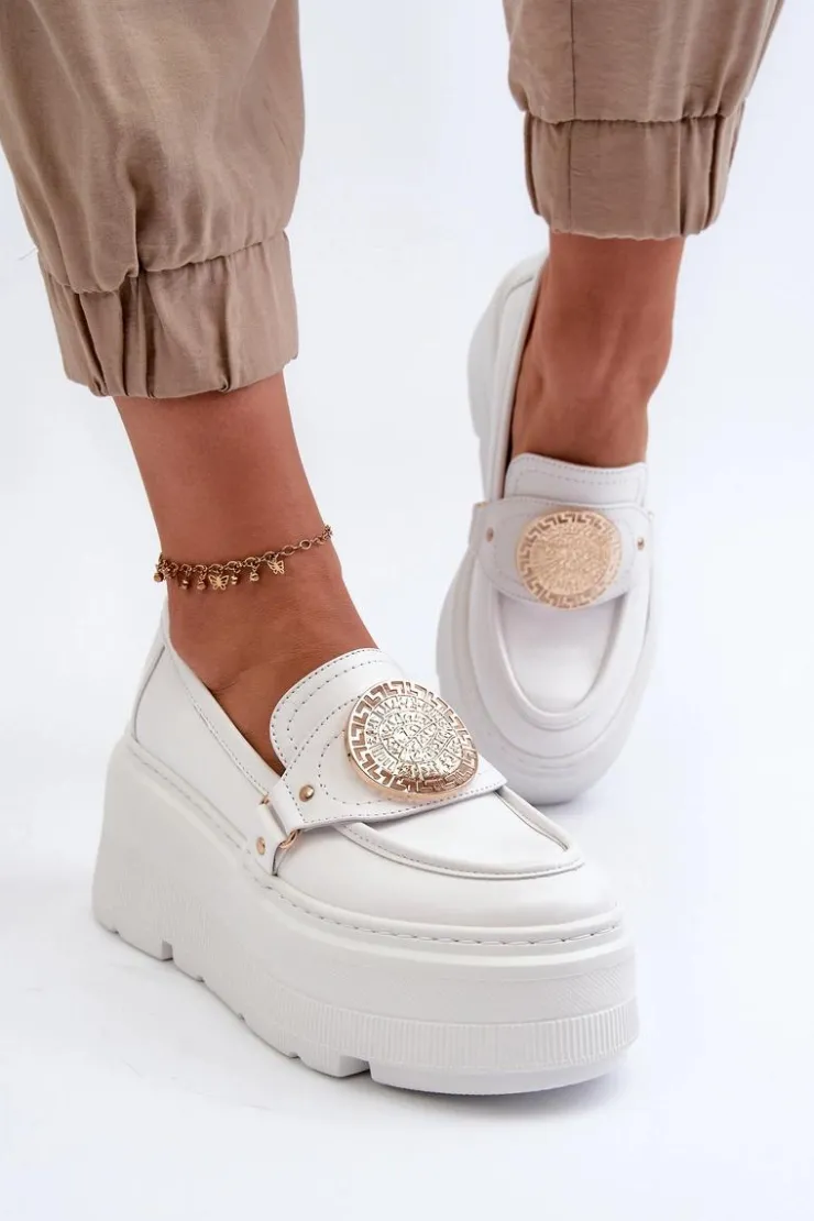 Zazoo Loafersy Damskie|Mokasyny Damskie Skórzane*3458 Mokasyny Skórzane Damskie Z Ozdobą Białe