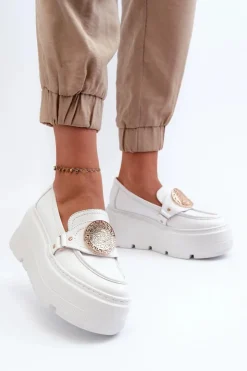 Zazoo Loafersy Damskie|Mokasyny Damskie Skórzane*3458 Mokasyny Skórzane Damskie Z Ozdobą Białe