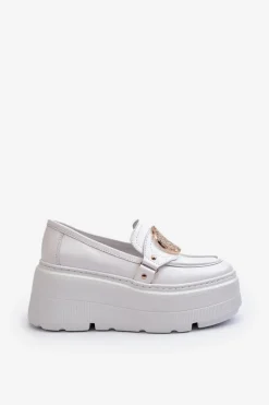 Zazoo Loafersy Damskie|Mokasyny Damskie Skórzane*3458 Mokasyny Skórzane Damskie Z Ozdobą Białe