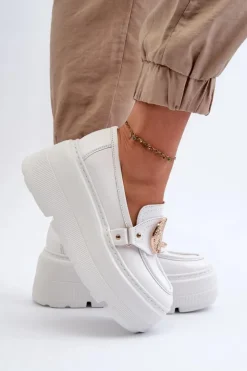 Zazoo Loafersy Damskie|Mokasyny Damskie Skórzane*3458 Mokasyny Skórzane Damskie Z Ozdobą Białe