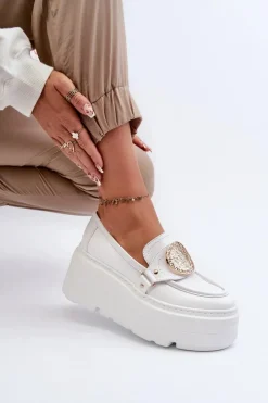 Zazoo Loafersy Damskie|Mokasyny Damskie Skórzane*3458 Mokasyny Skórzane Damskie Z Ozdobą Białe