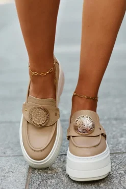 Online Zazoo 3458 Mokasyny Skórzane Damskie Z Ozdobą Beżowe