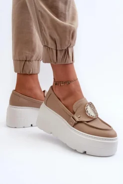 Online Zazoo 3458 Mokasyny Skórzane Damskie Z Ozdobą Beżowe