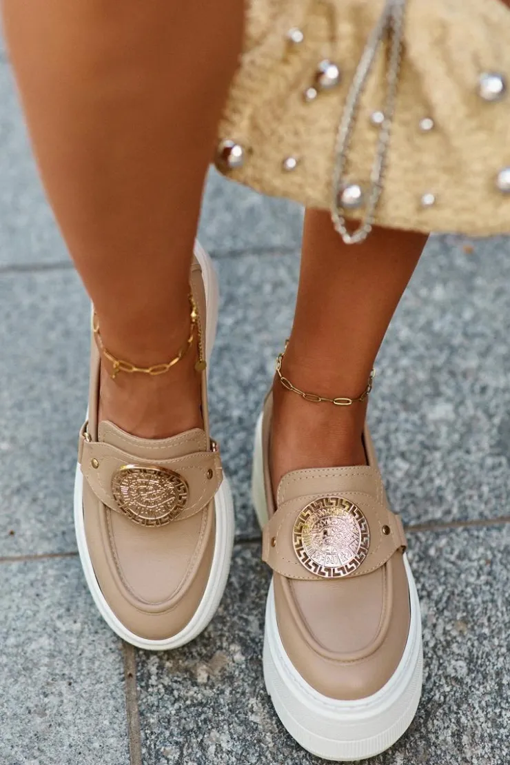 Online Zazoo 3458 Mokasyny Skórzane Damskie Z Ozdobą Beżowe