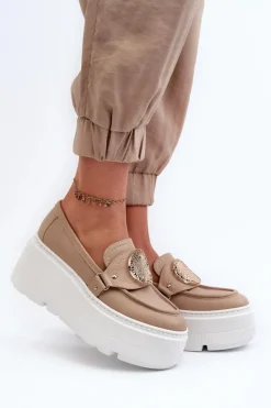Online Zazoo 3458 Mokasyny Skórzane Damskie Z Ozdobą Beżowe