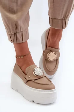 Online Zazoo 3458 Mokasyny Skórzane Damskie Z Ozdobą Beżowe