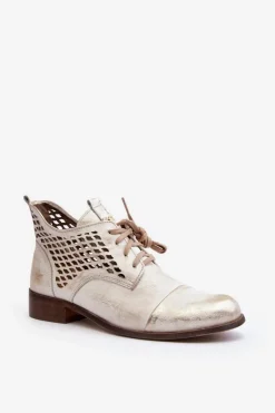 Zazoo Botki Wiosenne|Botki Skórzane*2878 Niskie Ażurowe Botki Skórzane Damskie Srebrne