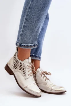 Zazoo Botki Wiosenne|Botki Skórzane*2878 Niskie Ażurowe Botki Skórzane Damskie Srebrne