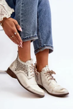 Zazoo Botki Wiosenne|Botki Skórzane*2878 Niskie Ażurowe Botki Skórzane Damskie Srebrne