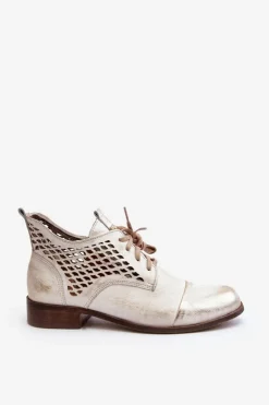 Zazoo Botki Wiosenne|Botki Skórzane*2878 Niskie Ażurowe Botki Skórzane Damskie Srebrne