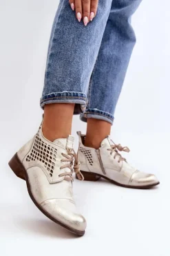 Zazoo Botki Wiosenne|Botki Skórzane*2878 Niskie Ażurowe Botki Skórzane Damskie Srebrne