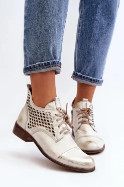 Zazoo Botki Wiosenne|Botki Skórzane*2878 Niskie Ażurowe Botki Skórzane Damskie Srebrne