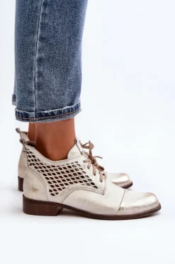 Zazoo Botki Wiosenne|Botki Skórzane*2878 Niskie Ażurowe Botki Skórzane Damskie Srebrne