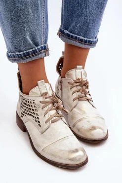 Zazoo Botki Wiosenne|Botki Skórzane*2878 Niskie Ażurowe Botki Skórzane Damskie Srebrne