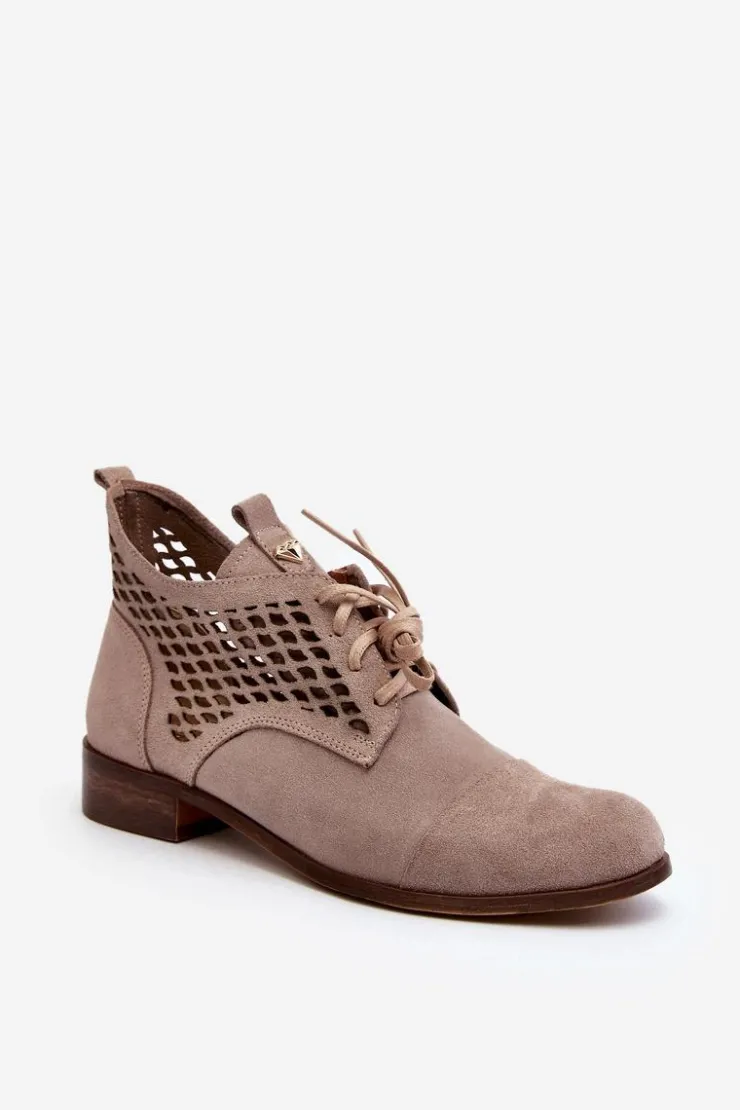 Damskie Zazoo 2878 Niskie Ażurowe Botki Damskie Zamszowe Beżowe