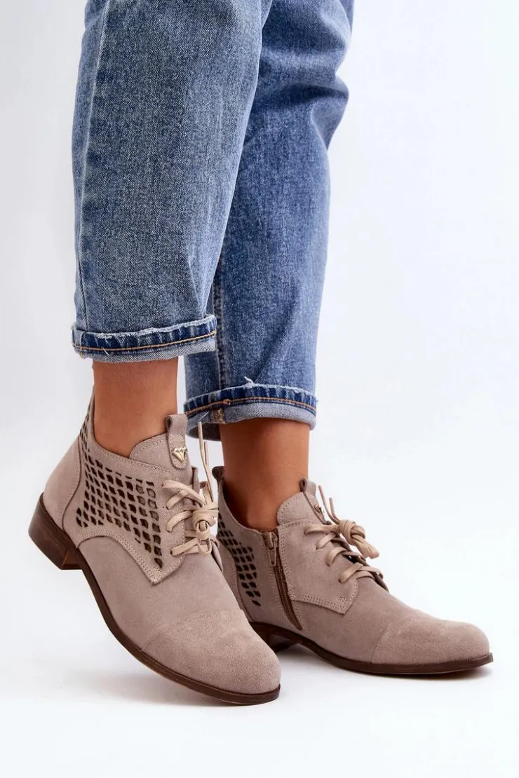 Damskie Zazoo 2878 Niskie Ażurowe Botki Damskie Zamszowe Beżowe