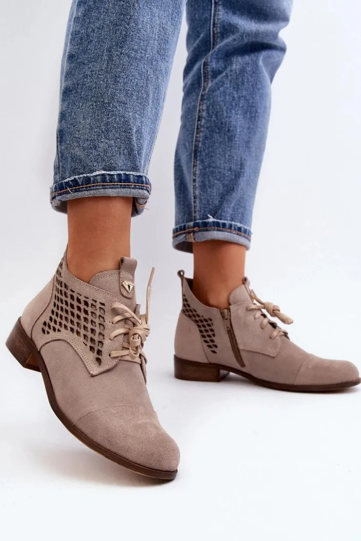 Damskie Zazoo 2878 Niskie Ażurowe Botki Damskie Zamszowe Beżowe