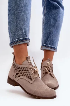 Damskie Zazoo 2878 Niskie Ażurowe Botki Damskie Zamszowe Beżowe