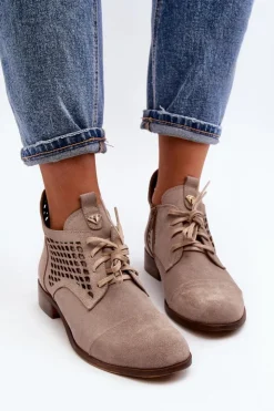 Damskie Zazoo 2878 Niskie Ażurowe Botki Damskie Zamszowe Beżowe