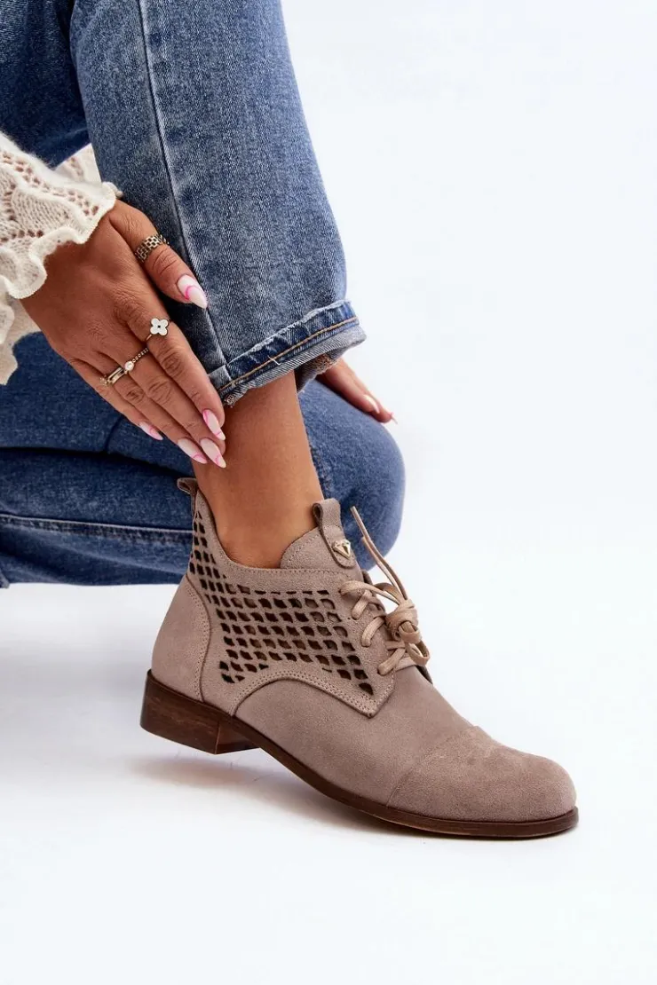 Damskie Zazoo 2878 Niskie Ażurowe Botki Damskie Zamszowe Beżowe