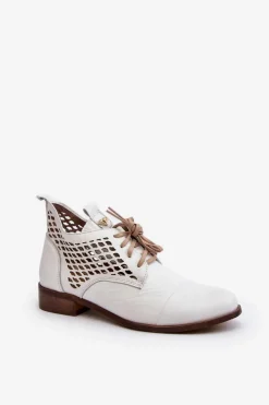 Outlet Zazoo 2878 Niskie Ażurowe Botki Skórzane Damskie Białe