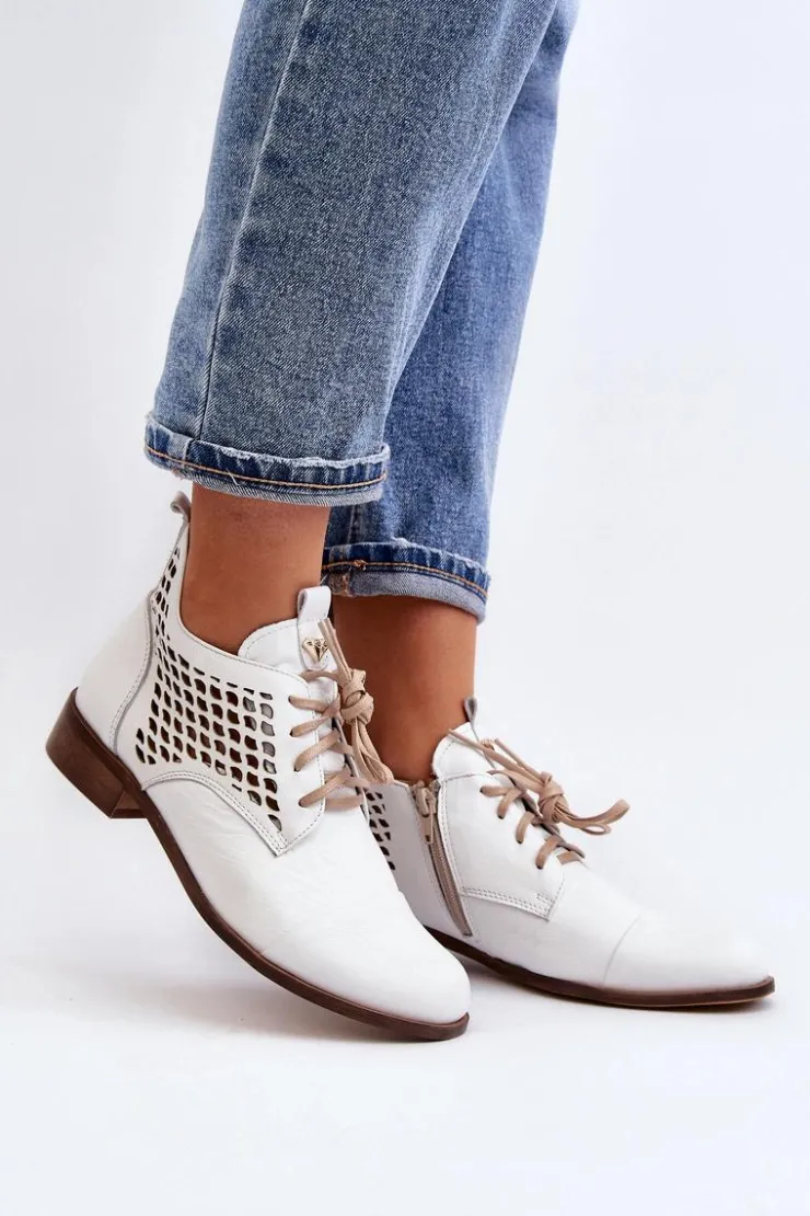 Outlet Zazoo 2878 Niskie Ażurowe Botki Skórzane Damskie Białe