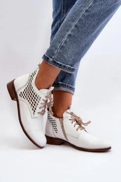 Outlet Zazoo 2878 Niskie Ażurowe Botki Skórzane Damskie Białe