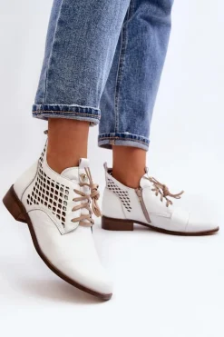 Outlet Zazoo 2878 Niskie Ażurowe Botki Skórzane Damskie Białe