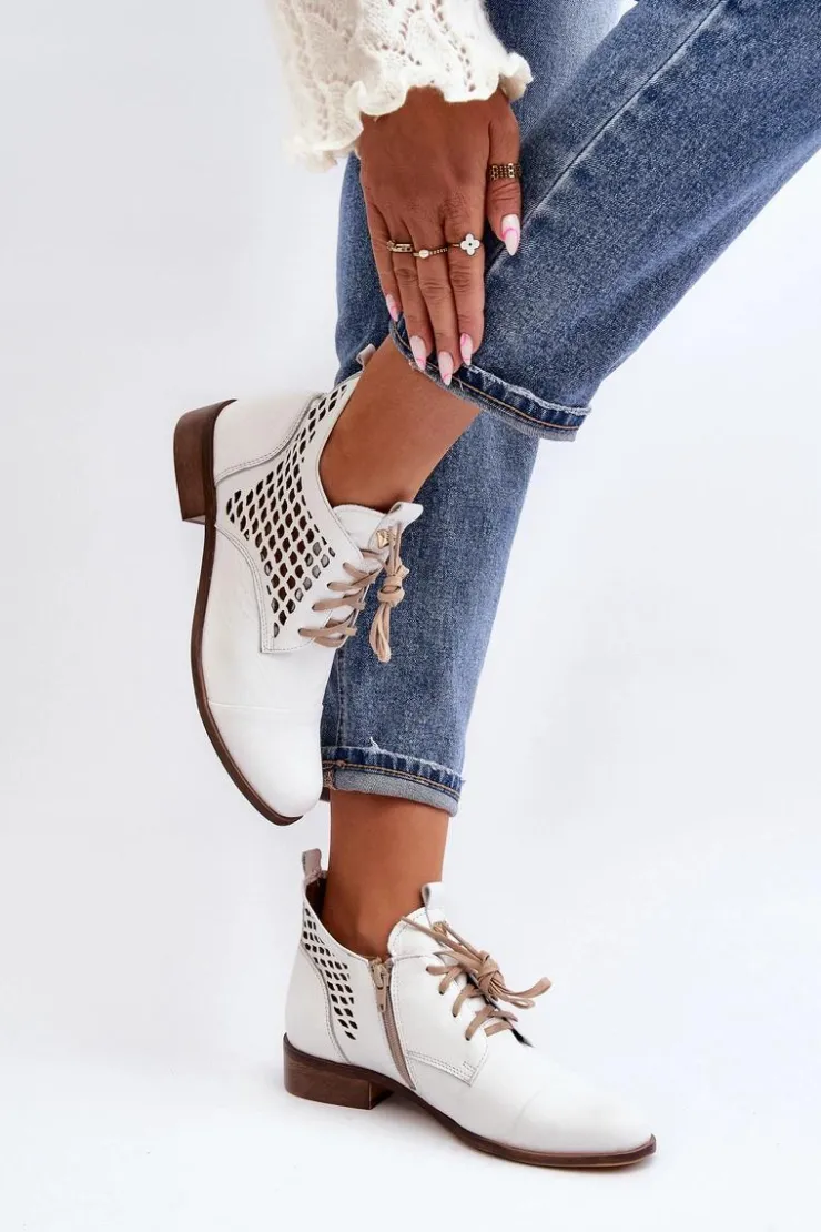 Outlet Zazoo 2878 Niskie Ażurowe Botki Skórzane Damskie Białe