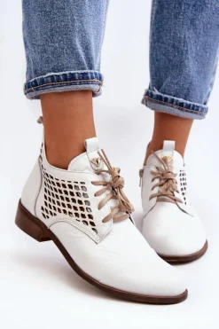 Outlet Zazoo 2878 Niskie Ażurowe Botki Skórzane Damskie Białe