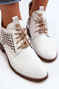 Outlet Zazoo 2878 Niskie Ażurowe Botki Skórzane Damskie Białe