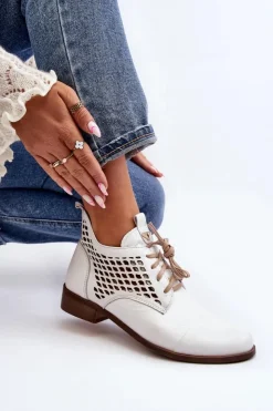 Outlet Zazoo 2878 Niskie Ażurowe Botki Skórzane Damskie Białe