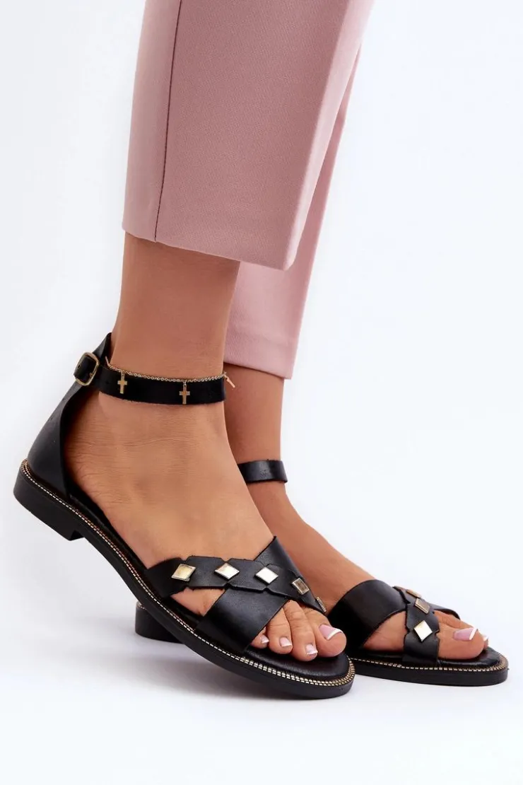 Damskie Zazoo 40378 Płaskie Skórzane Sandały Damskie Czarne